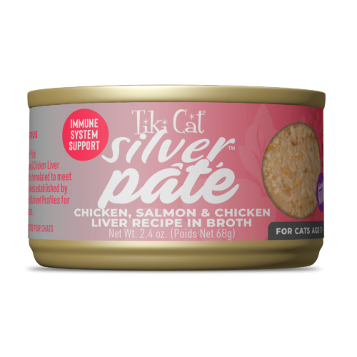 Tiki Cat  Silver Pate Chicken, Salmon & Chicken Liver Recipe in Broth Wet Cat Food  2.4oz