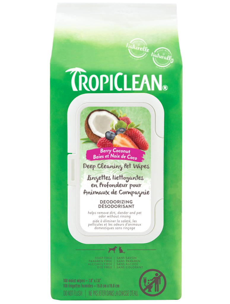 Tropiclean Deep Cleaning Pet Wipes, Deodorizing, Berry & Coconut Scent 100Ct