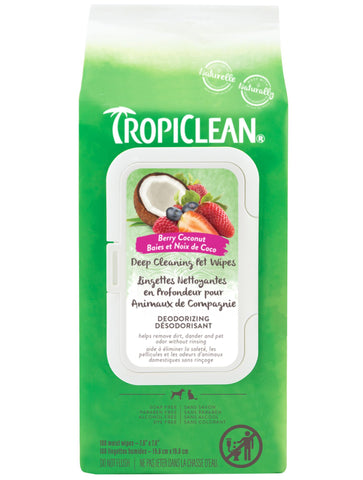 Tropiclean Deep Cleaning Pet Wipes, Deodorizing, Berry & Coconut Scent 100Ct