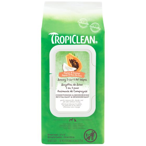 Tropiclean Papaya & Coconut Luxury 2-In-1 Pet Wipes, Conditioning & Deodorizing 100Ct