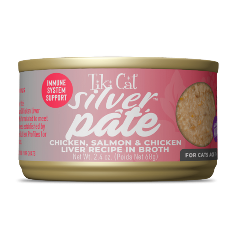 Tiki Cat  Silver Pate Chicken, Salmon & Chicken Liver Recipe in Broth Wet Cat Food  2.4oz
