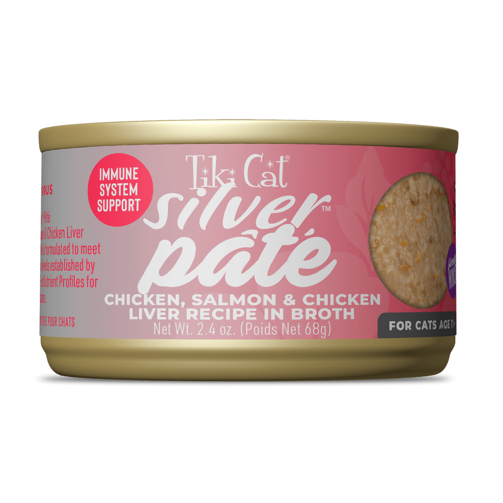 Tiki Cat  Silver Pate Chicken, Salmon & Chicken Liver Recipe in Broth Wet Cat Food  2.4oz