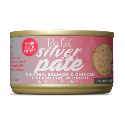 Tiki Cat  Silver Pate Chicken, Salmon & Chicken Liver Recipe in Broth Wet Cat Food  2.4oz
